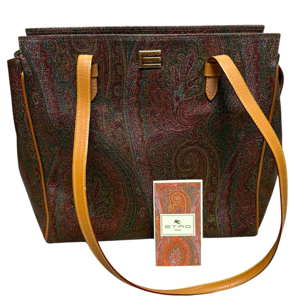 Etro vintage paisley rare zip top tote shoulder bag authentic luxury leather GUC